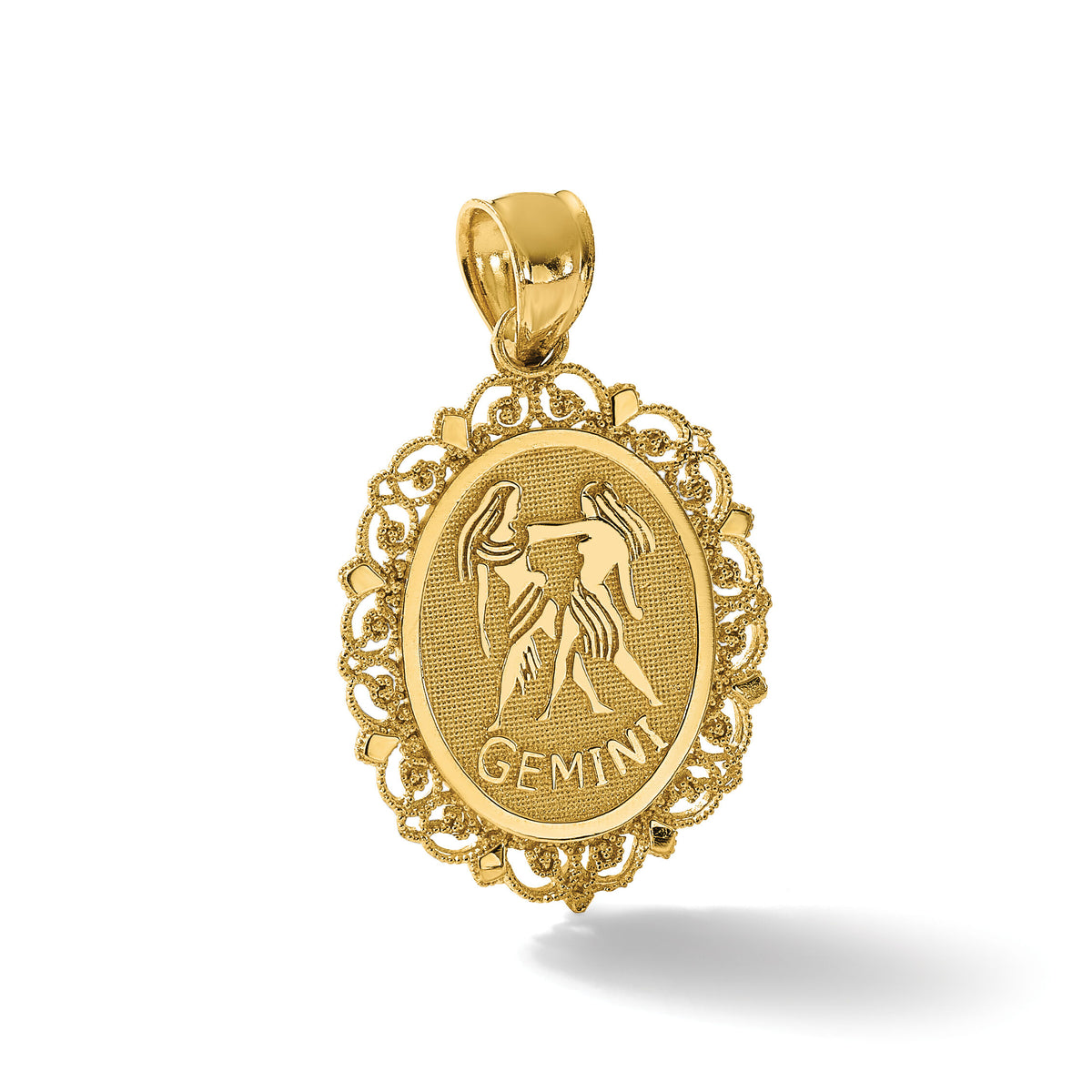 14k Solid Satin Polished Gemini Zodiac Oval Pendant-C2845