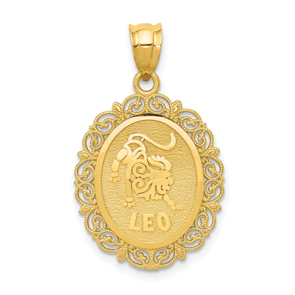 14k Solid Satin Polished Leo Zodiac Oval Pendant-C2847