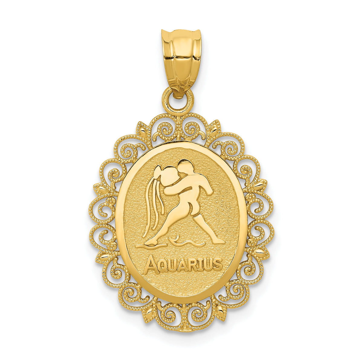 14k Solid Satin Polished Aquarius Zodiac Oval Pendant-C2853
