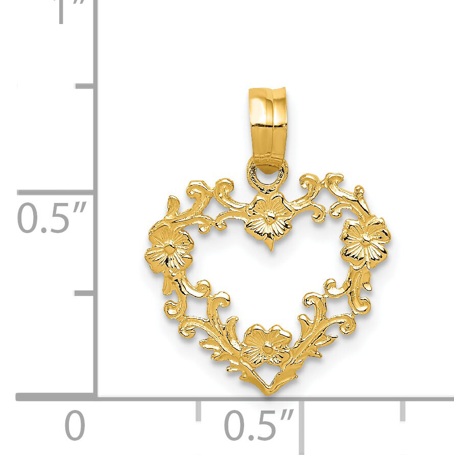 14K Polished Floral Border Heart Pendant-C2922