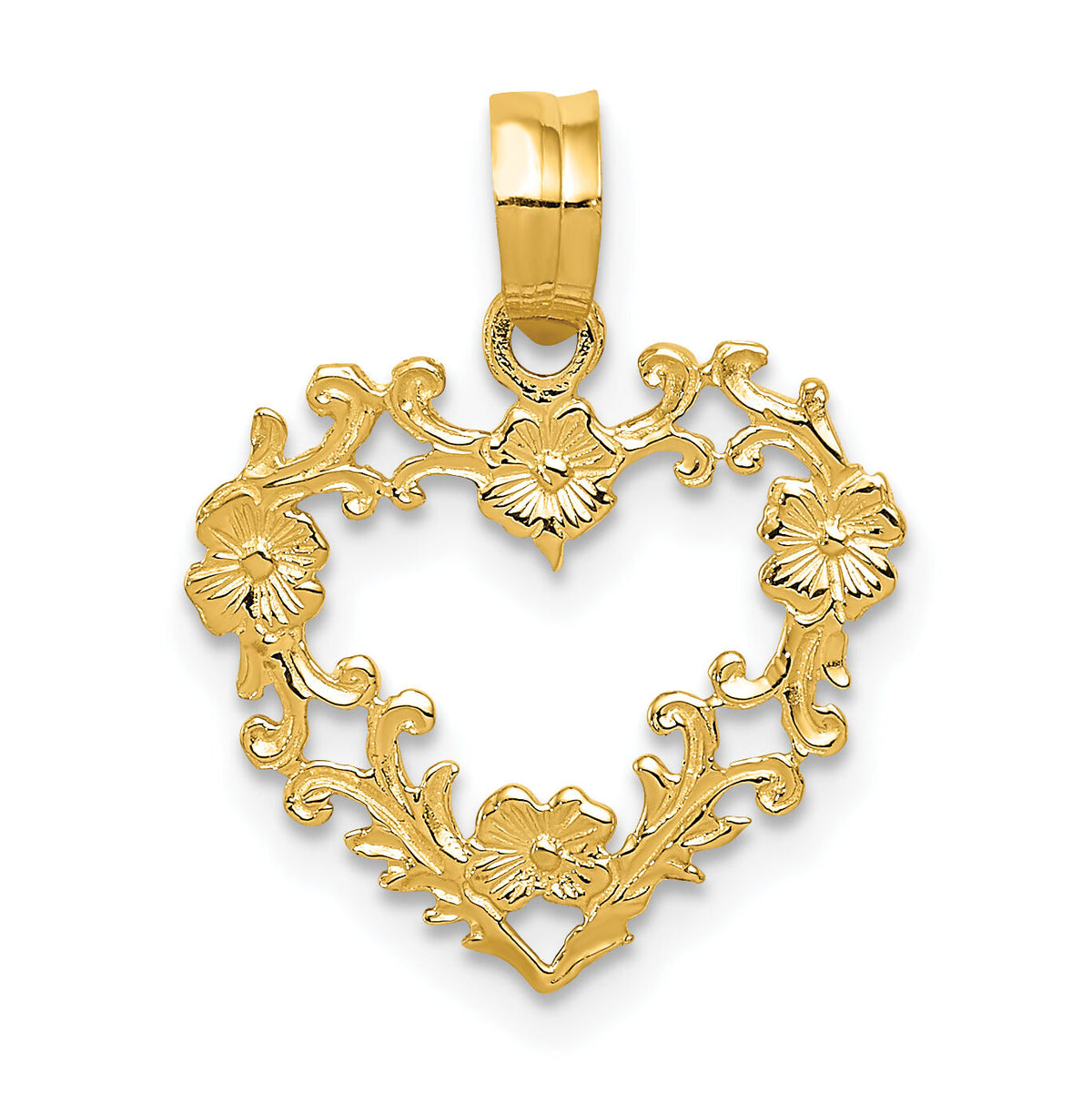 14K Polished Floral Border Heart Pendant-C2922