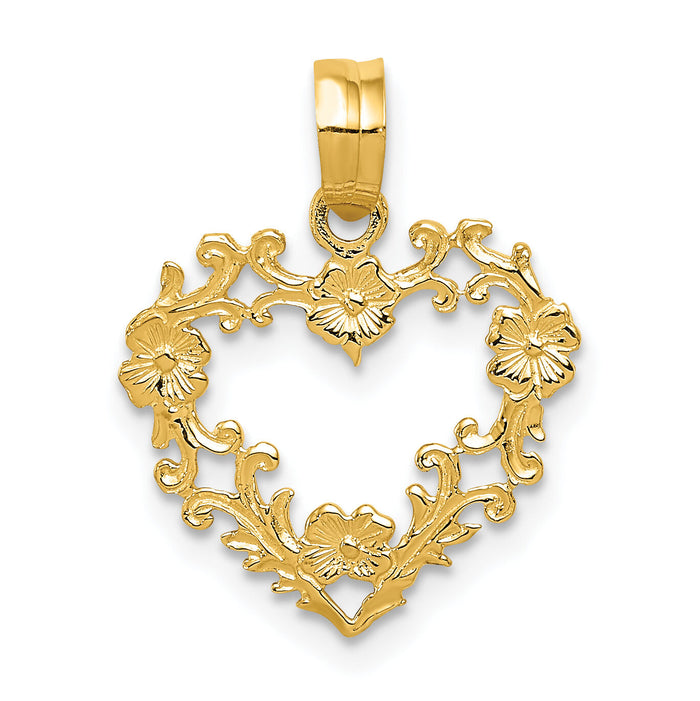 14K Polished Floral Border Heart Pendant-C2922