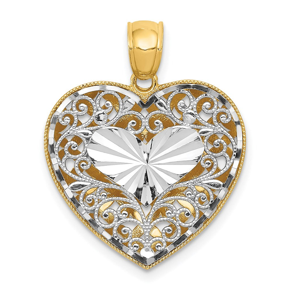 14K Two-tone Polished Reversible Diamond-cut Filigree Heart Pendant-C2927