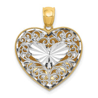 14K Two-tone Polished Reversible Diamond-cut Filigree Heart Pendant-C2927
