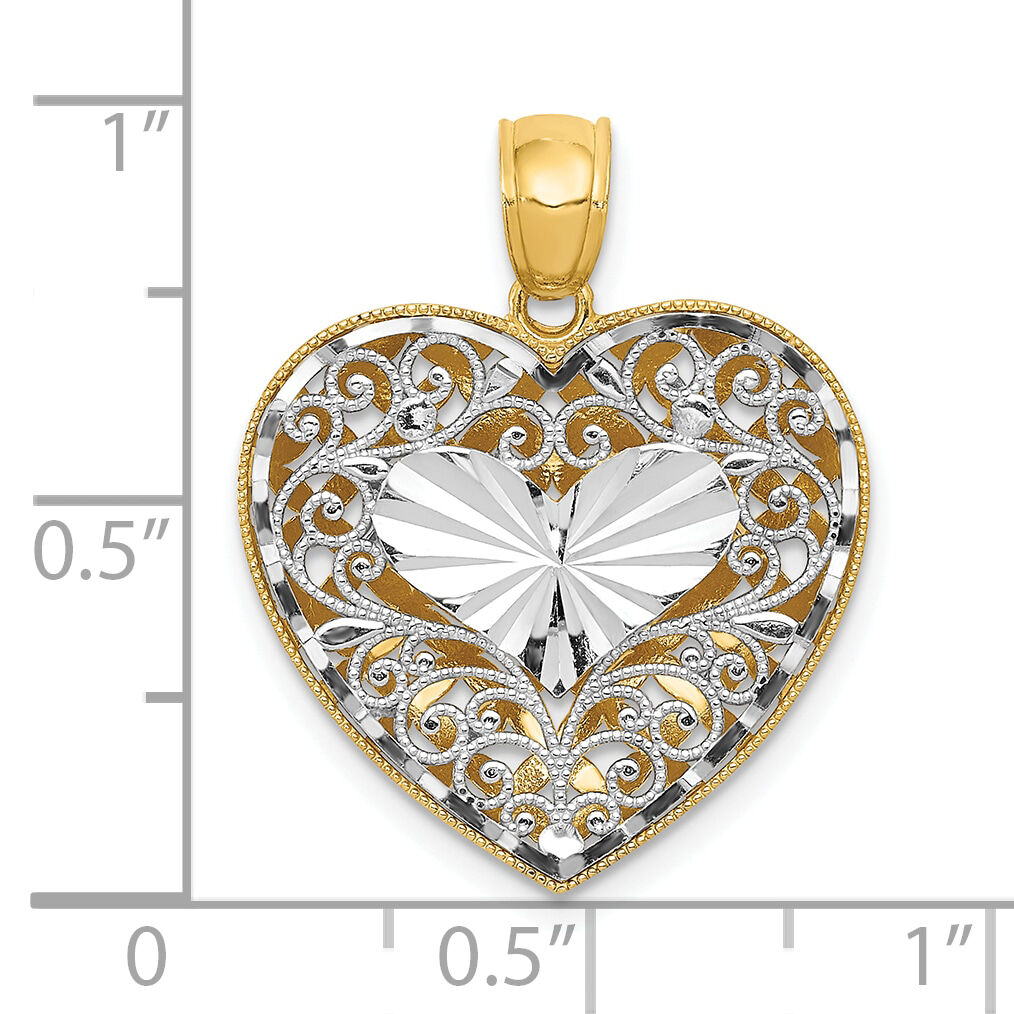 14K Two-tone Polished Reversible Diamond-cut Filigree Heart Pendant-C2927