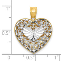 14K Two-tone Polished Reversible Diamond-cut Filigree Heart Pendant-C2927