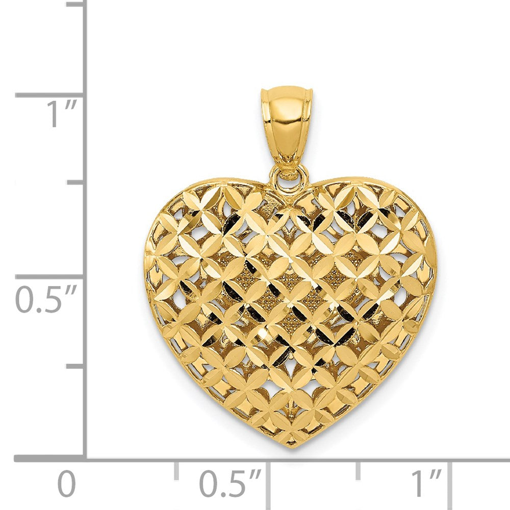 14K Two-tone Polished Reversible Diamond-cut Filigree Heart Pendant-C2927