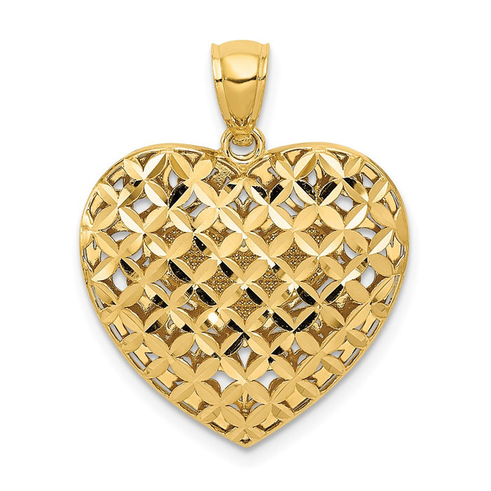 14K Two-tone Polished Reversible Diamond-cut Filigree Heart Pendant-C2927