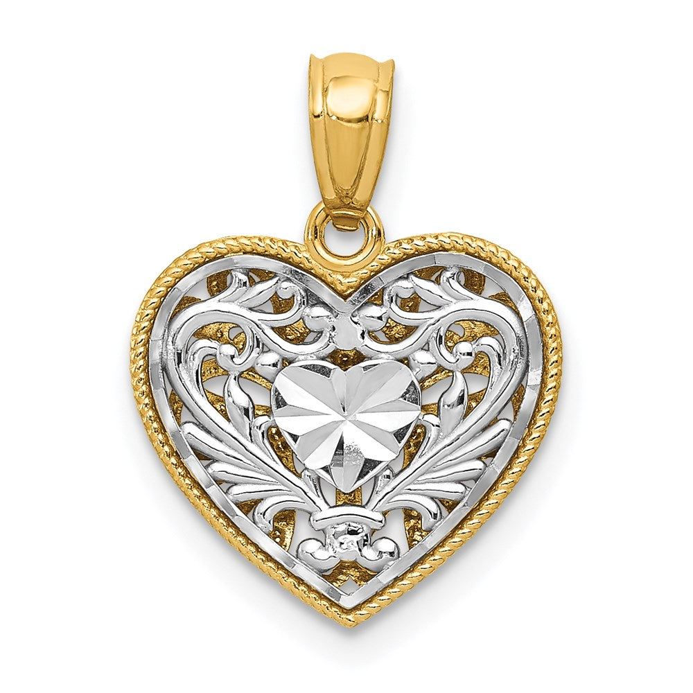 14K Two-tone Polished Diamond-cut Reversible Heart Pendant-C2928