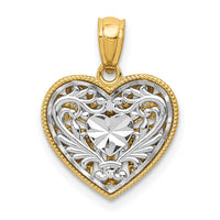 14K Two-tone Polished Diamond-cut Reversible Heart Pendant-C2928