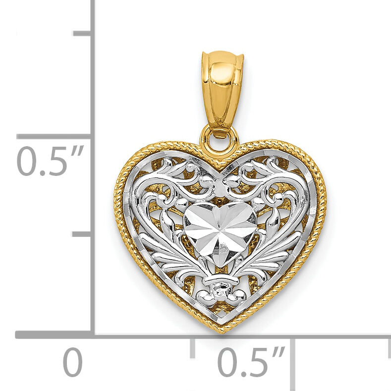 14K Two-tone Polished Diamond-cut Reversible Heart Pendant-C2928