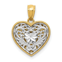 14K Two-tone Polished Diamond-cut Reversible Heart Pendant-C2928