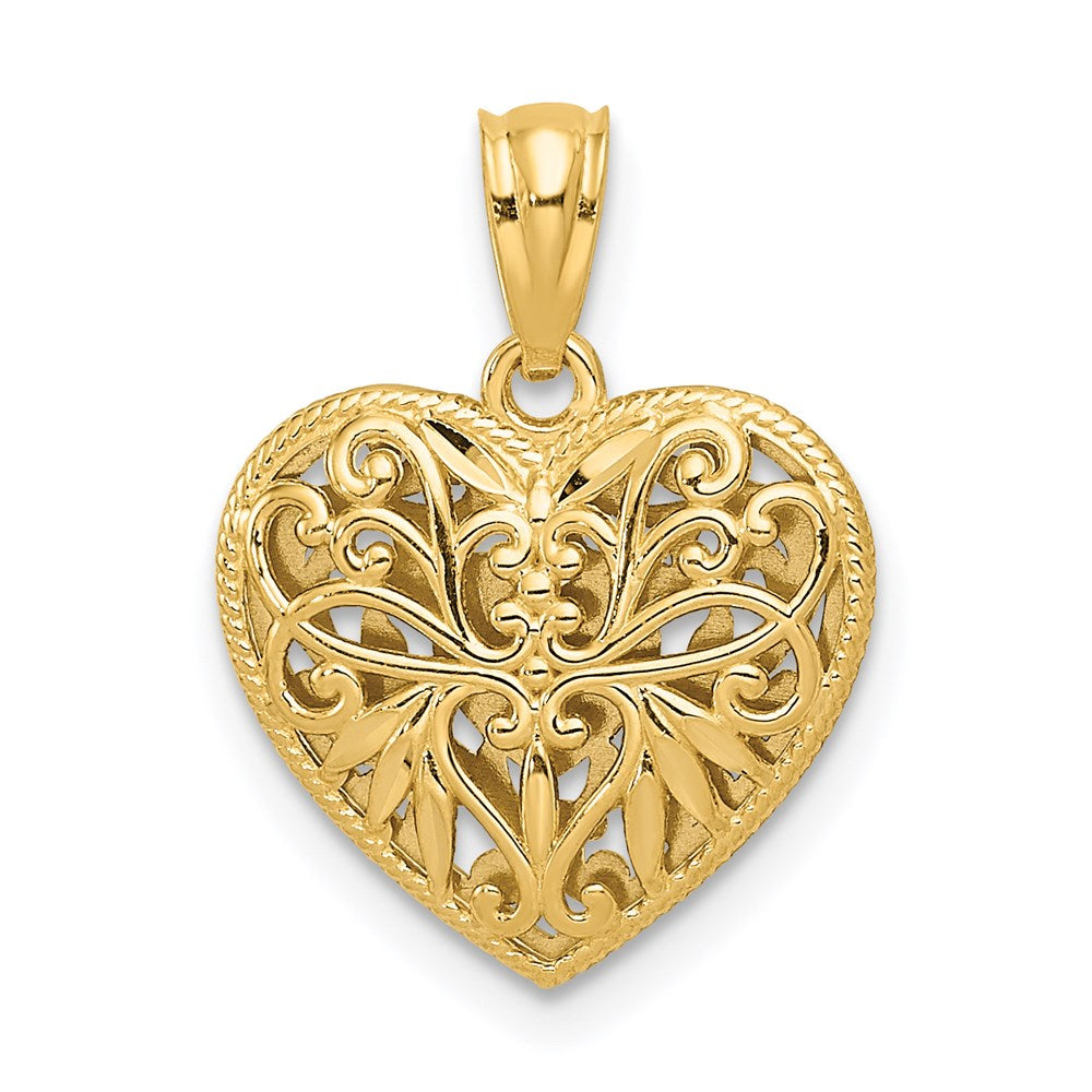 14K Two-tone Polished Diamond-cut Reversible Heart Pendant-C2928