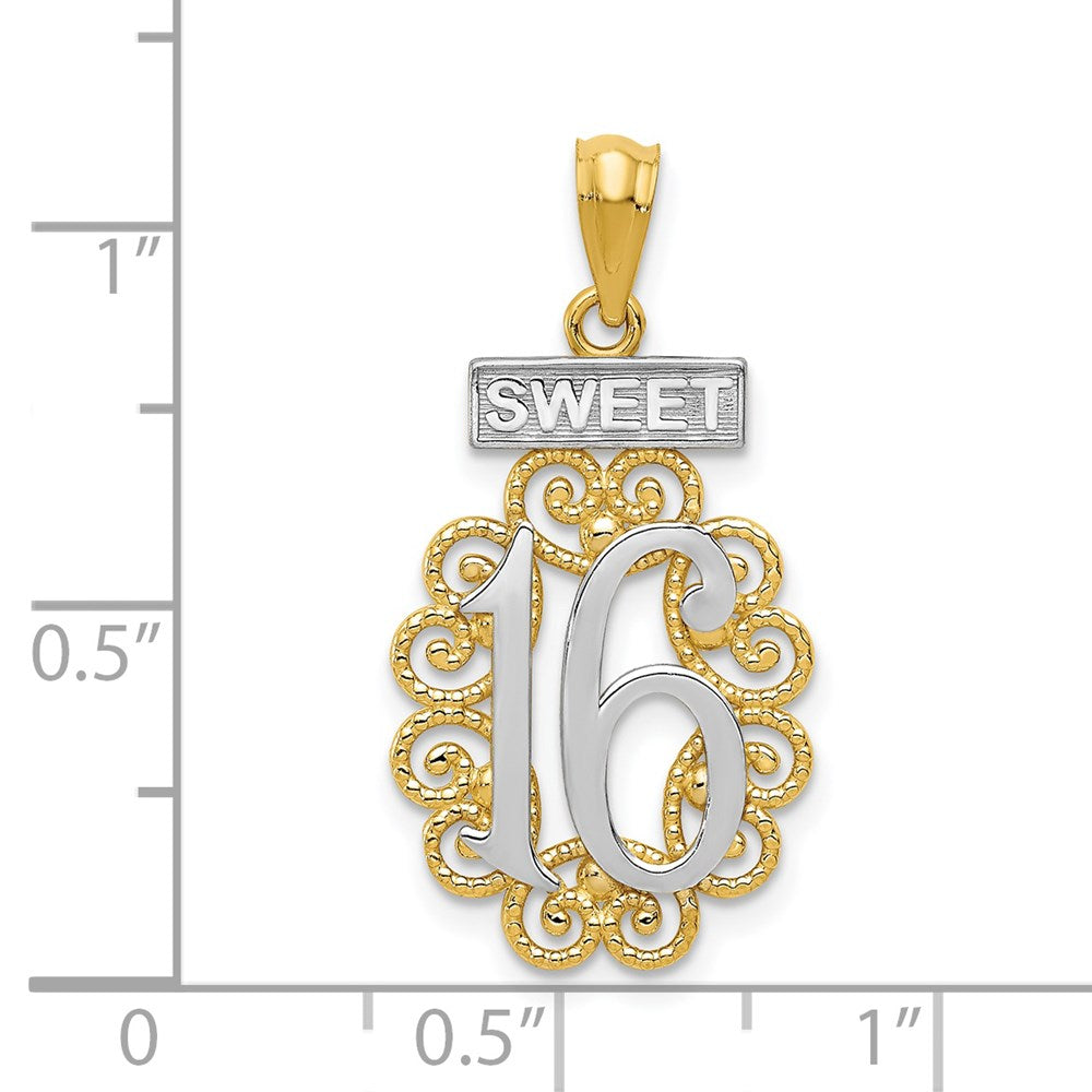 14k w/Rhodium Filigree SWEET 16 Pendant-C2960