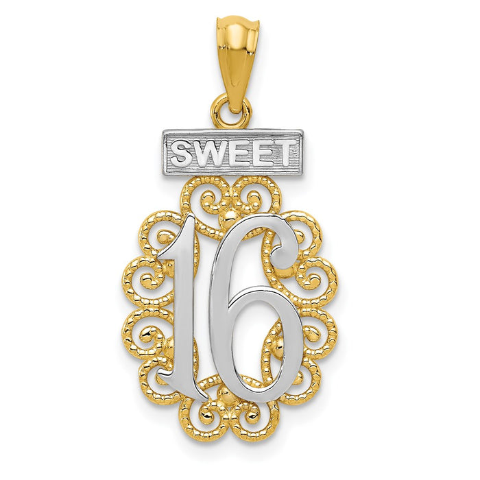 14k w/Rhodium Filigree SWEET 16 Pendant-C2960