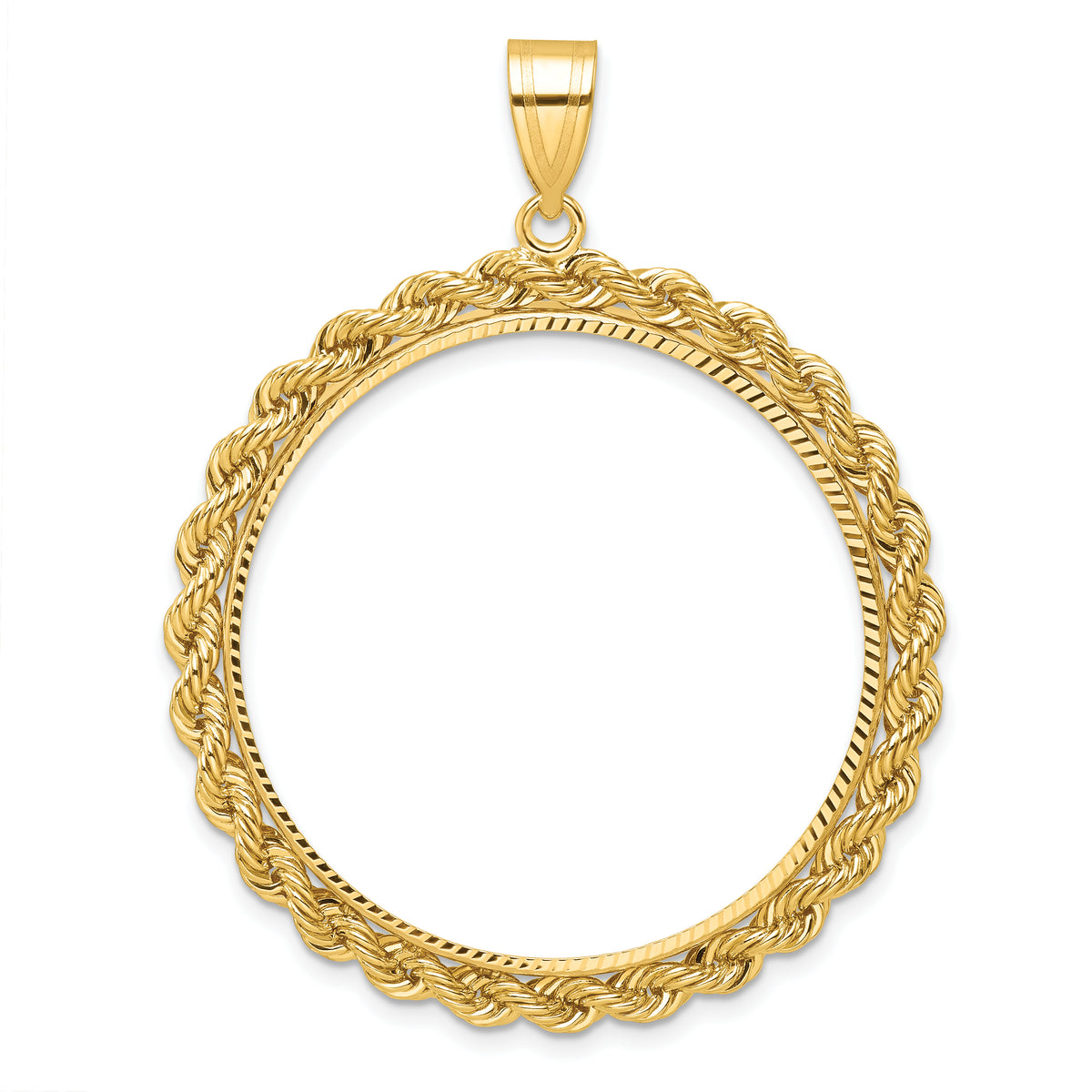 14k Diamond-cut with Rope 32.7mm Prong Coin Bezel Pendant-C3012D/32.7