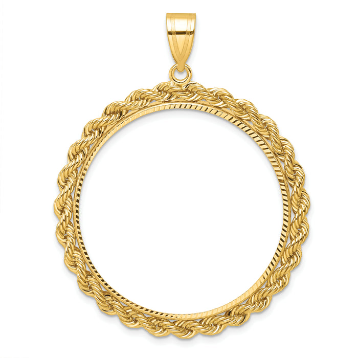 14k Diamond-cut with Rope 32.7mm Prong Coin Bezel Pendant-C3012D/32.7