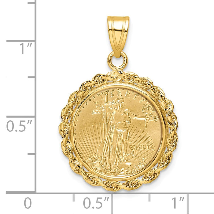 Wideband Distinguished Coin Jewelry 14k Polished Rope Mounted 1/10oz American Eagle Prong Coin Bezel Pendant-C3012/16.5C