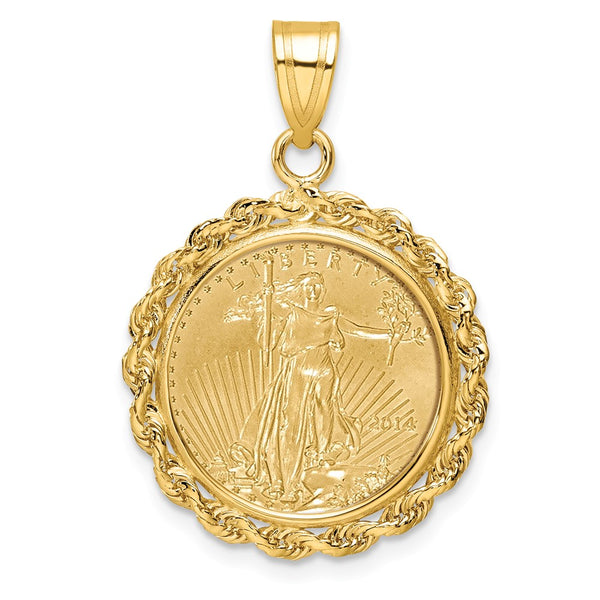 Wideband Distinguished Coin Jewelry 14k Polished Rope Mounted 1/10oz American Eagle Prong Coin Bezel Pendant-C3012/16.5C