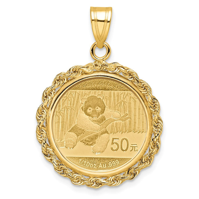 Wideband Distinguished Coin Jewelry 14k Polished Rope Mounted 1/10oz Panda Prong Coin Bezel Pendant-C3012/18.0C