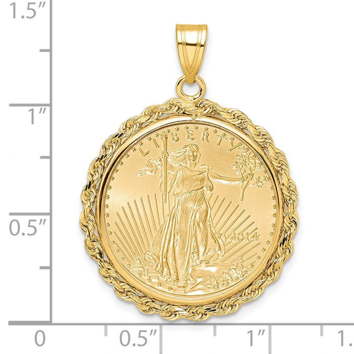 Wideband Distinguished Coin Jewelry 14k Polished Rope Mounted 1/4oz American Eagle Prong Coin Bezel Pendant-C3012/22.0C