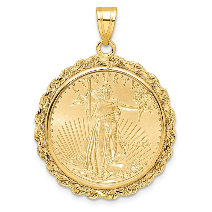 Wideband Distinguished Coin Jewelry 14k Polished Rope Mounted 1/4oz American Eagle Prong Coin Bezel Pendant-C3012/22.0C