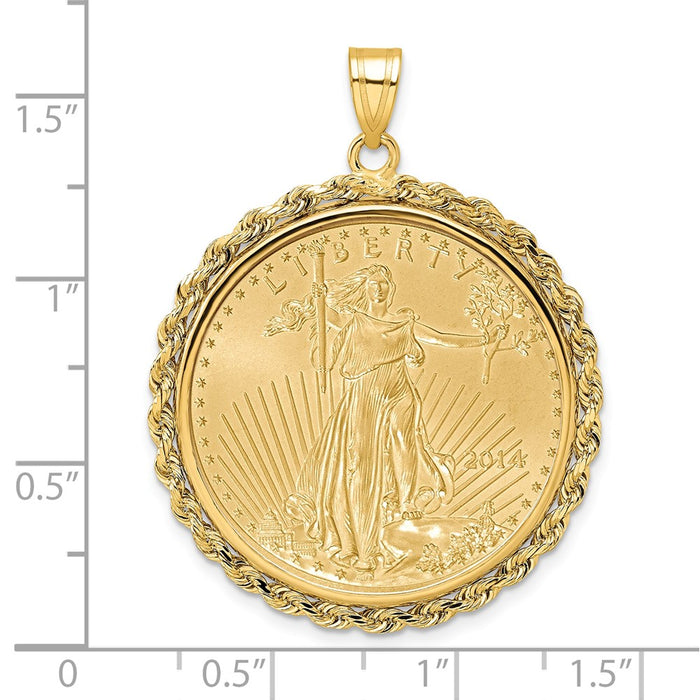 Wideband Distinguished Coin Jewelry 14k Polished Rope Mounted 1/2oz American Eagle Prong Coin Bezel Pendant-C3012/27.0C