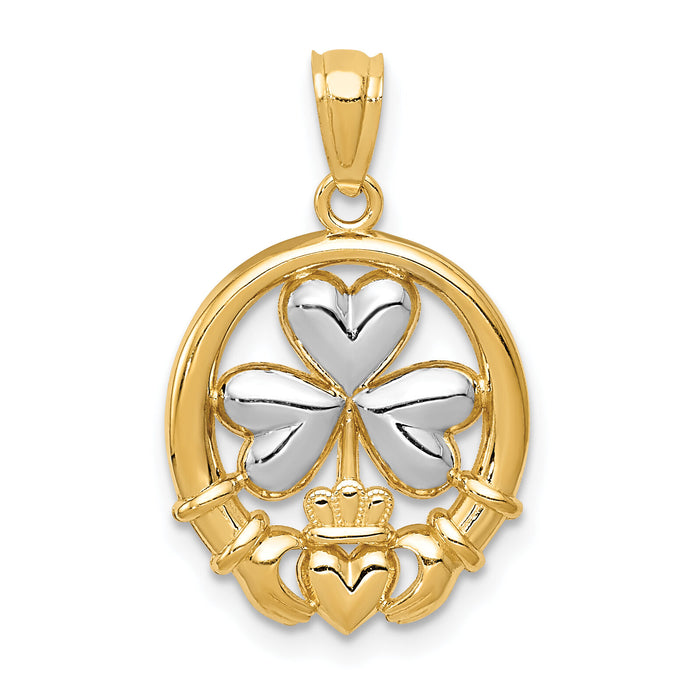 14k Rhodium-plated Shamrock and Claddagh Pendant-C3038