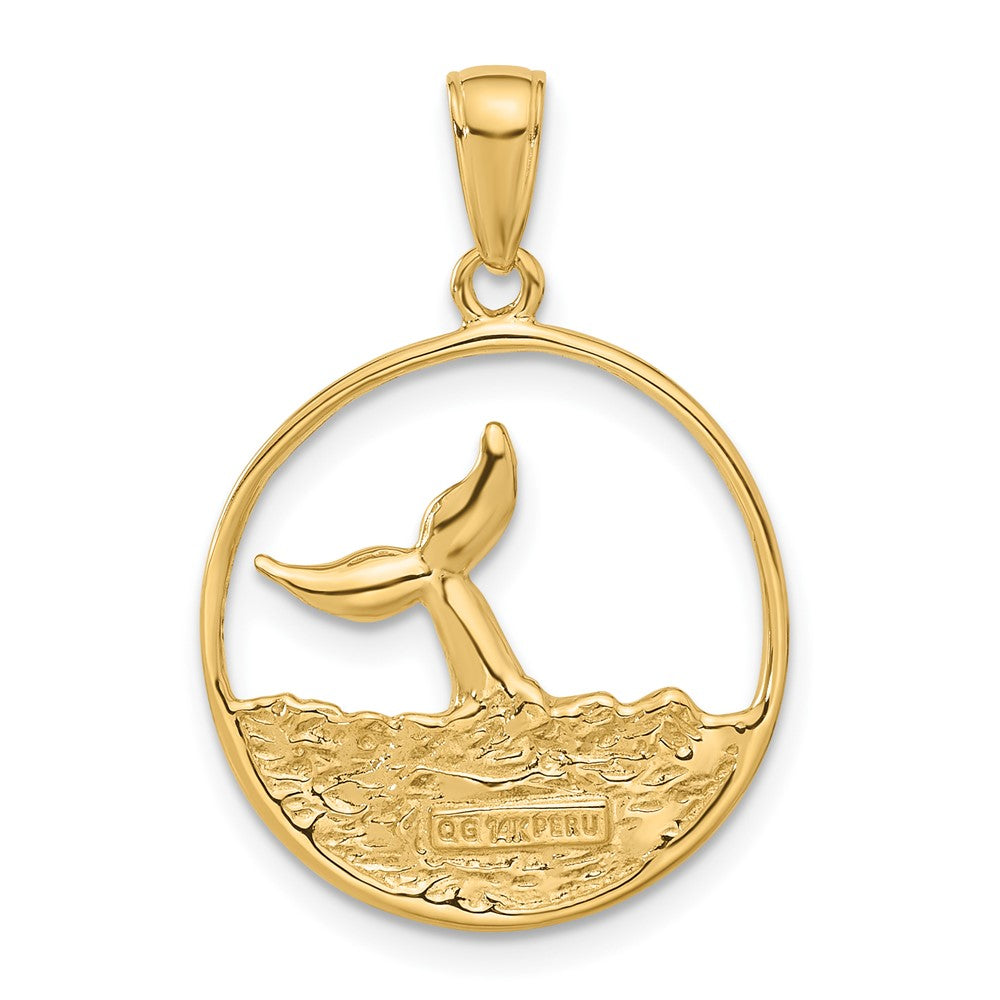 14k Whale Tail in Circle with Waves Pendant-C3429