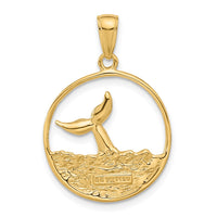 14k Whale Tail in Circle with Waves Pendant-C3429