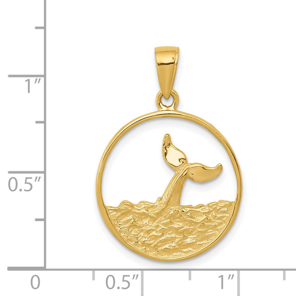 14k Whale Tail in Circle with Waves Pendant-C3429