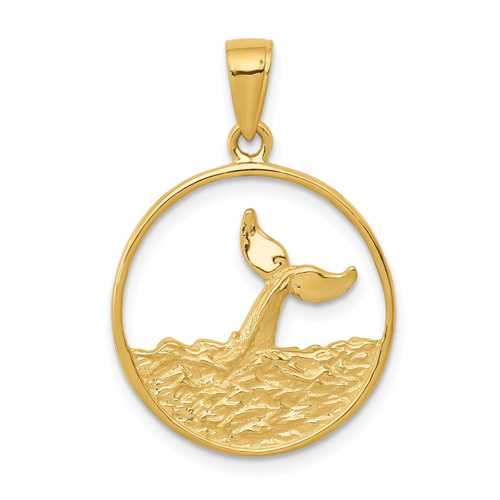 14k Whale Tail in Circle with Waves Pendant-C3429