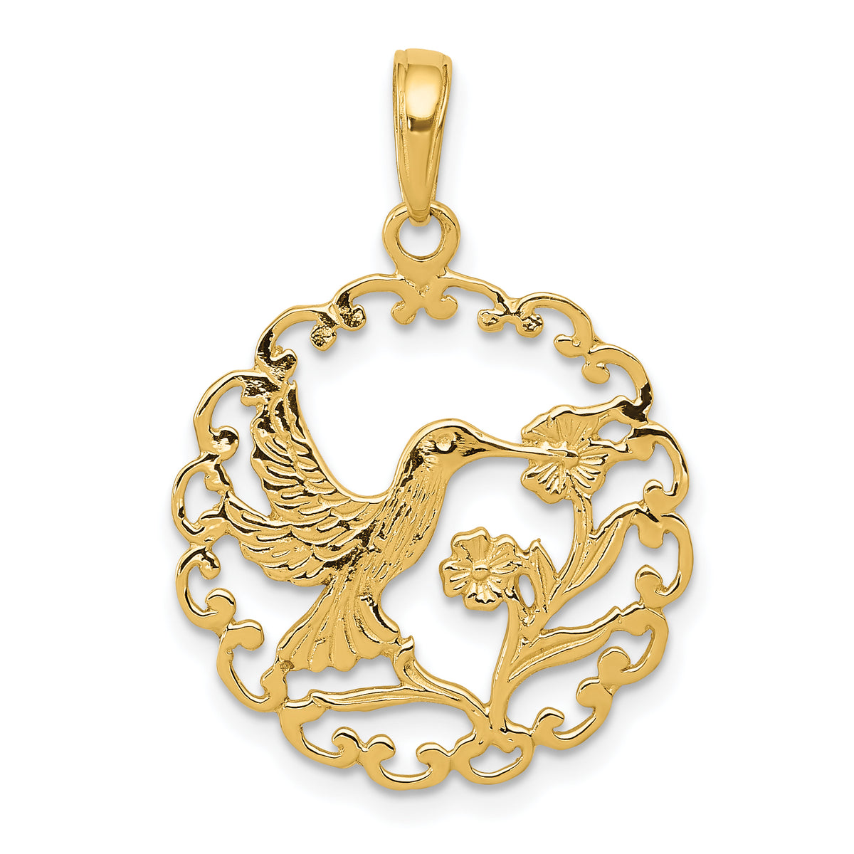 14k Hummingbird in Round Frame Pendant-C3478