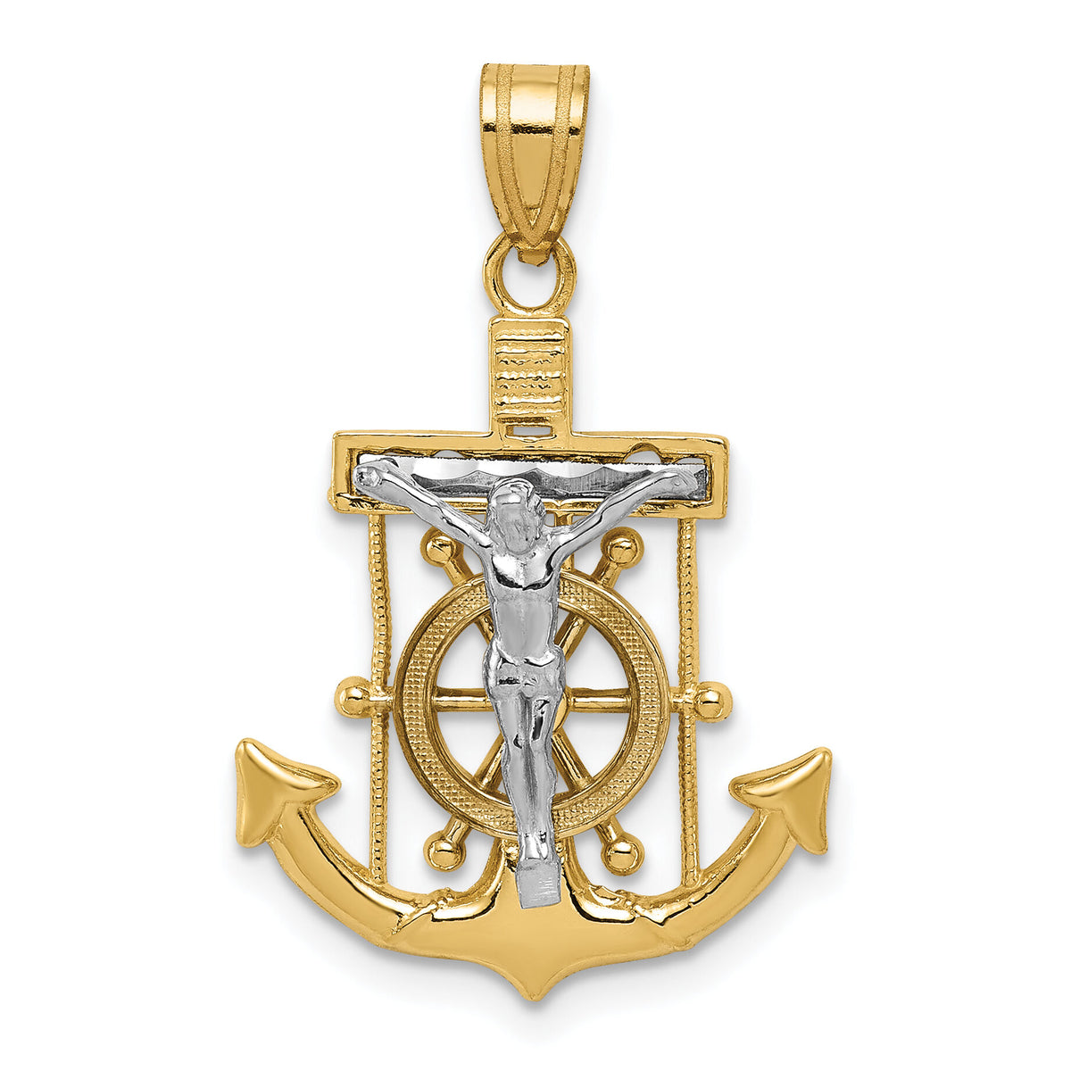 14k Two-tone Diamond-cut Mariner's Crucifix Pendant-C3714