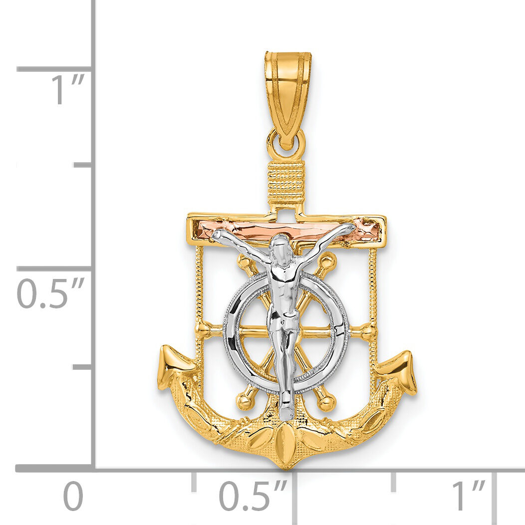 14k Tri-color Diamond-cut w/Textured Mariner's Crucifix Pendant-C3930