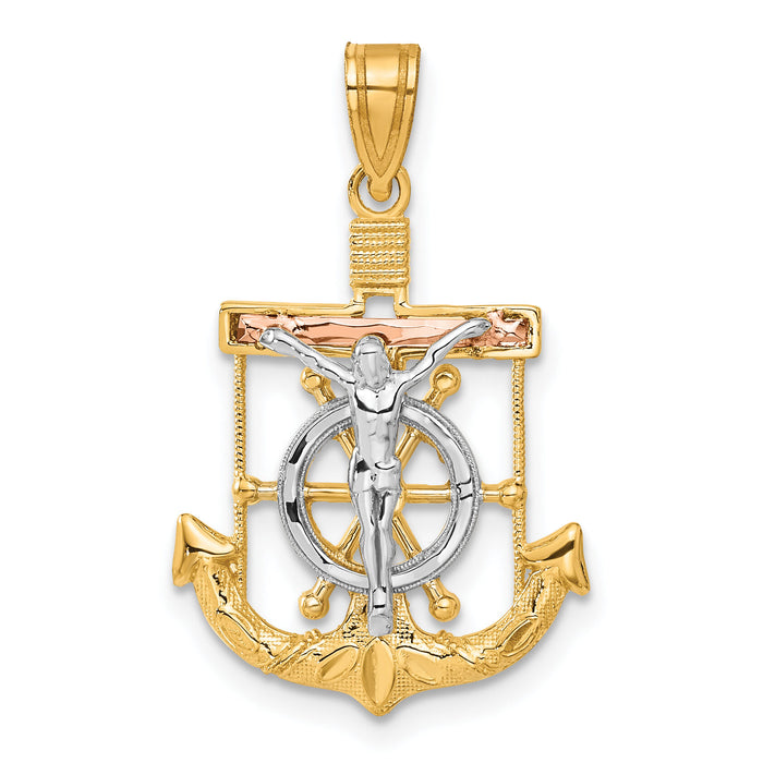 14k Tri-color Diamond-cut w/Textured Mariner's Crucifix Pendant-C3930