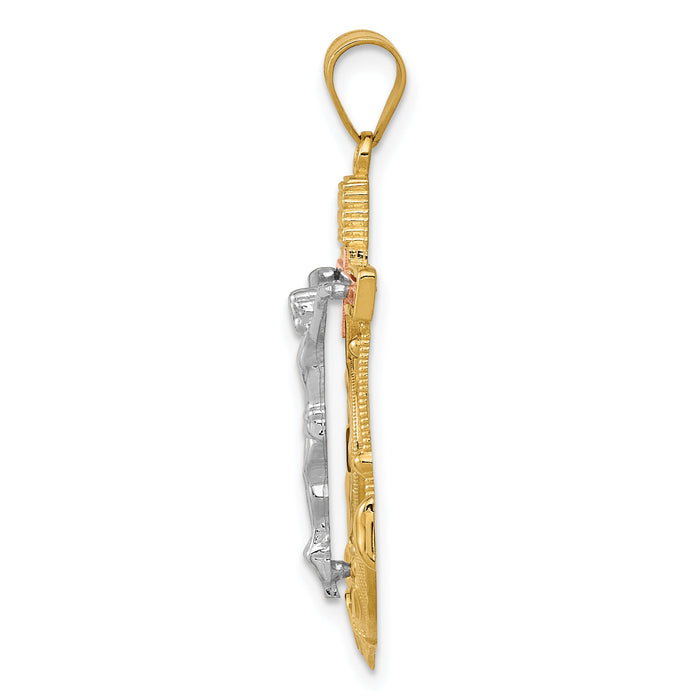 14k Tri-color Diamond-cut w/Textured Mariner's Crucifix Pendant-C3931