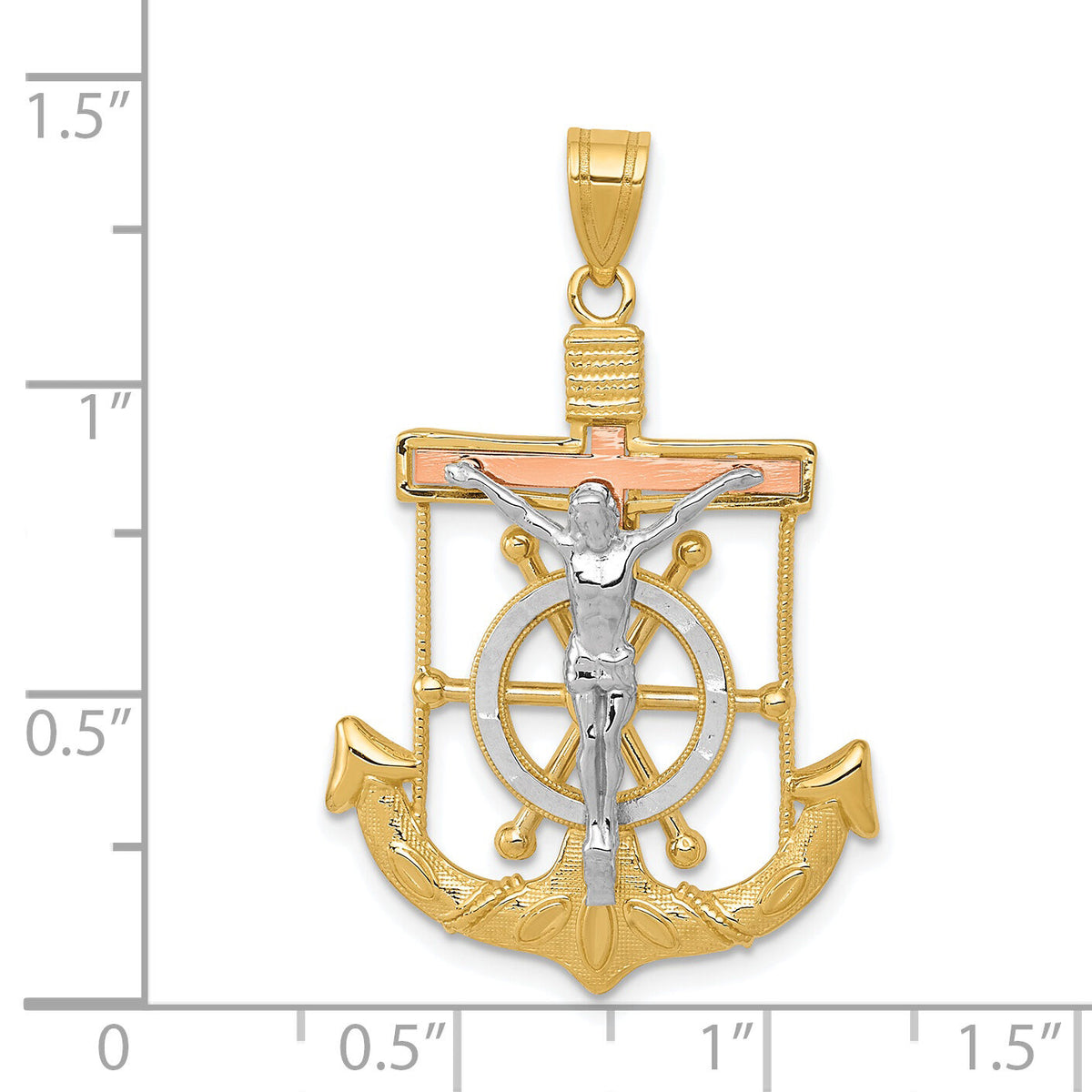 14k Tri-color Diamond-cut w/Textured Mariner's Crucifix Pendant-C3931