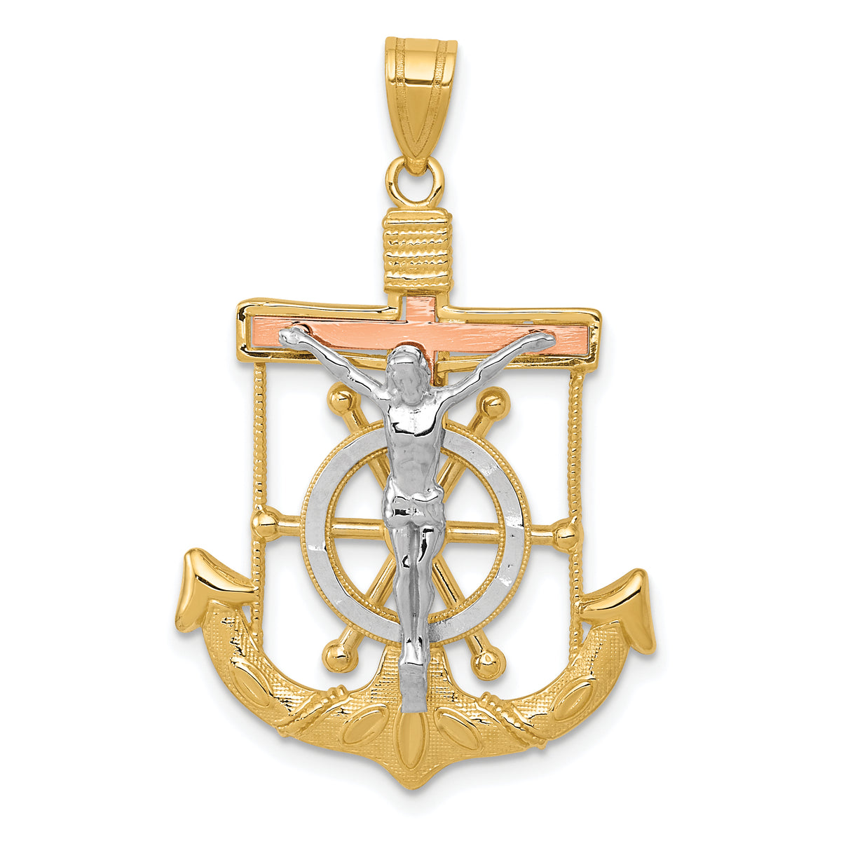 14k Tri-color Diamond-cut w/Textured Mariner's Crucifix Pendant-C3931
