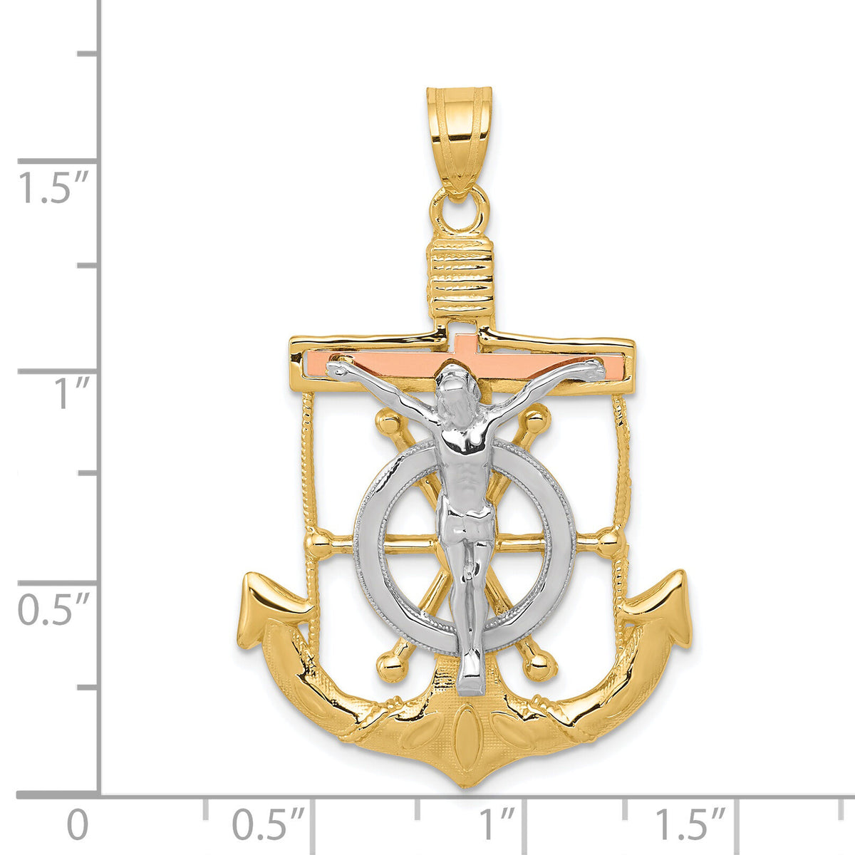 14k Tri-color Diamond-cut w/Textured Mariner's Crucifix Pendant-C3932