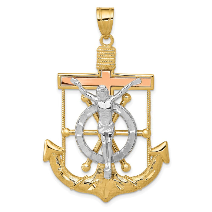 14k Tri-color Diamond-cut w/Textured Mariner's Cross Pendant-C3933