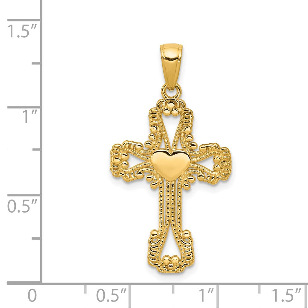 14K Beaded Cross with Heart Pendant-C4194