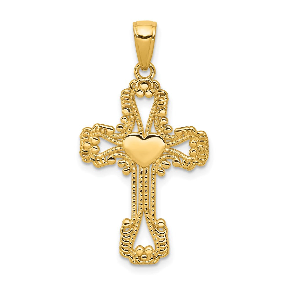 14K Beaded Cross with Heart Pendant-C4194