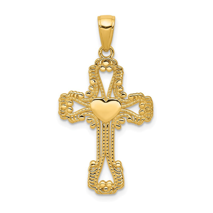 14K Beaded Cross with Heart Pendant-C4194