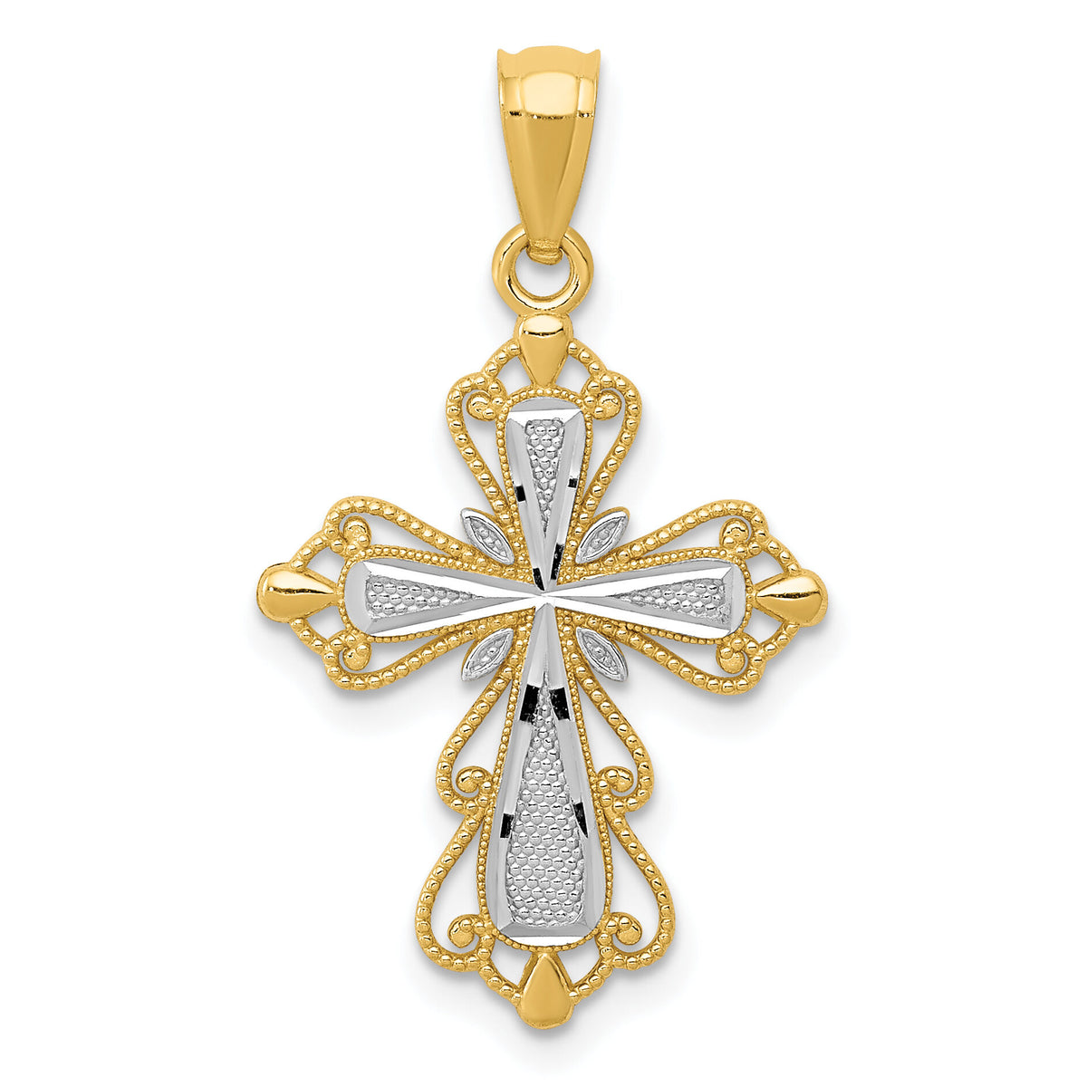 14k w/Rhodium Diamond-cut Cross Pendant-C4253