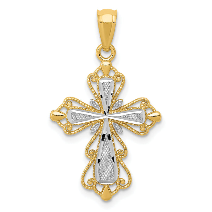 14k w/Rhodium Diamond-cut Cross Pendant-C4253