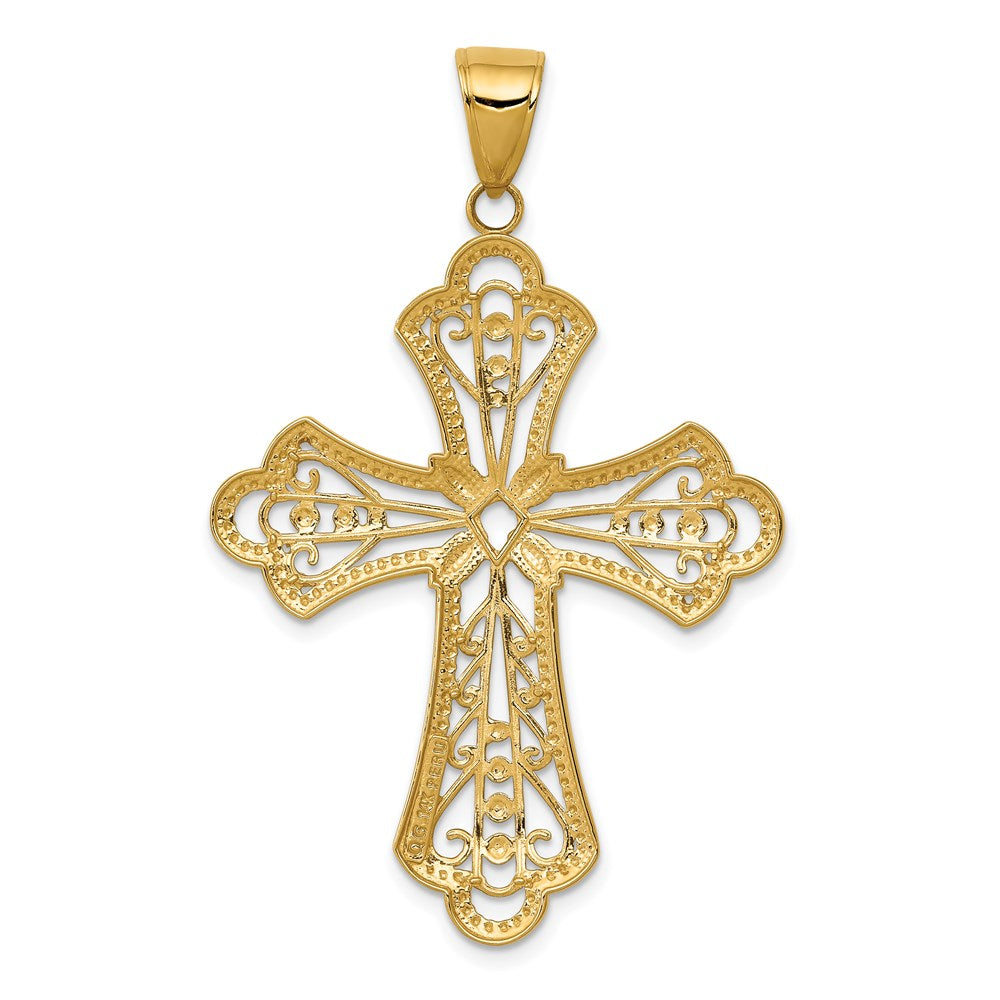 14K w/Rhodium Diamond-cut Filigree Cut-out Cross Pendant-C4272