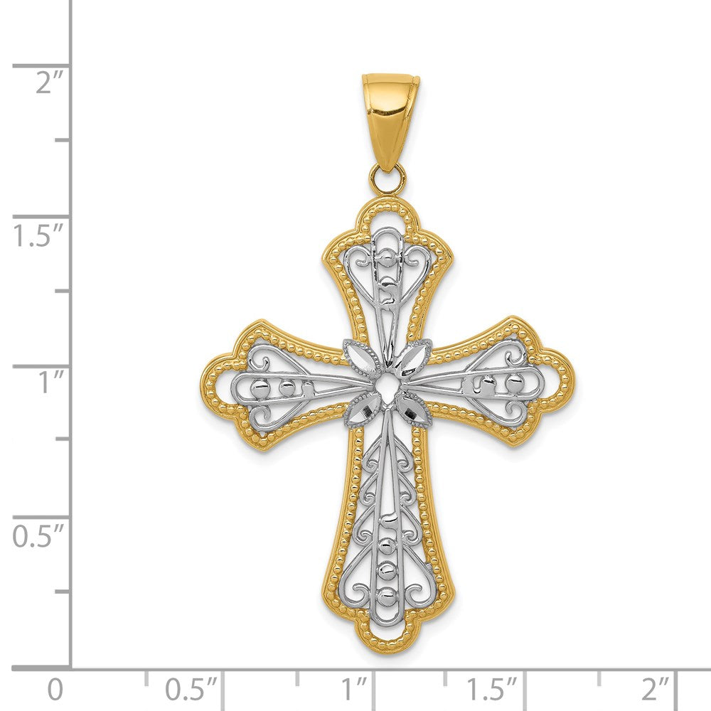 14K w/Rhodium Diamond-cut Filigree Cut-out Cross Pendant-C4272