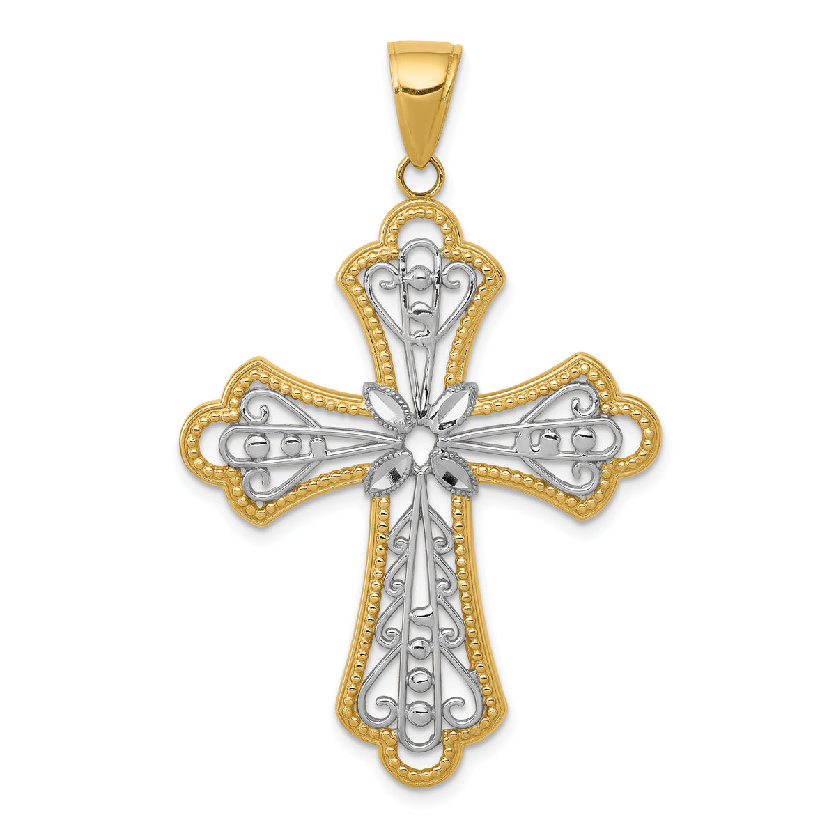 14K w/Rhodium Diamond-cut Filigree Cut-out Cross Pendant-C4272