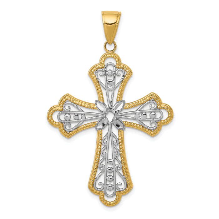 14K w/Rhodium Diamond-cut Filigree Cut-out Cross Pendant-C4272